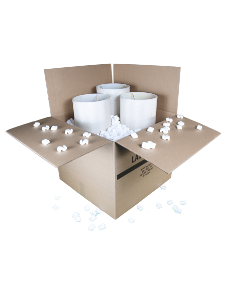 Assembled and Open Lamp Shade Moving Box with three Lamp Shades and Packing Peanuts
