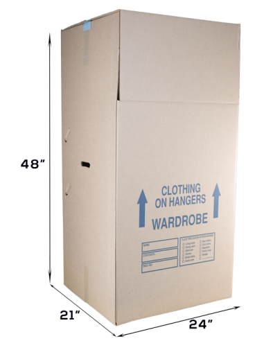 Assembled and Closed Tall Wardrobe Moving Box with measurements.